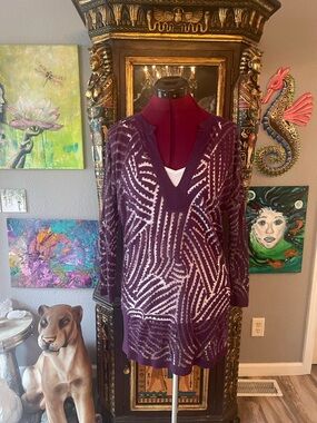 Sigrid Olsen Purple V-Neck Patterned Knit Tunic